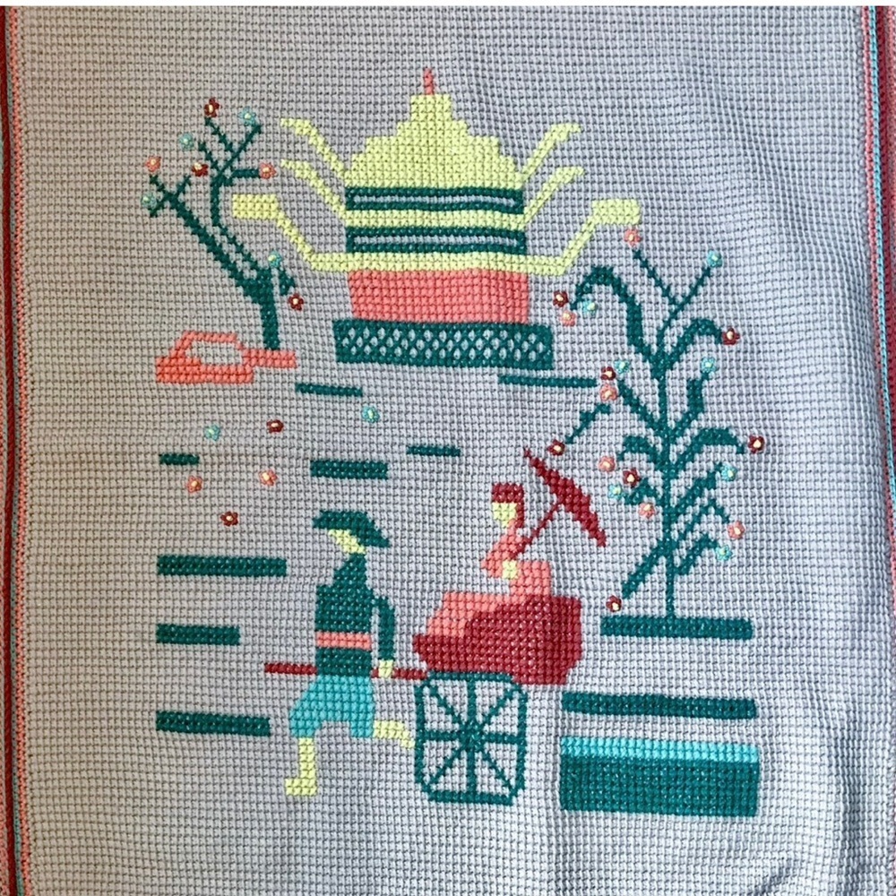 Vintage Chinoiserie Crochet Afghan Throw Rickshaw Floral Trees Folk Art Exotic - Picture 2 of 4